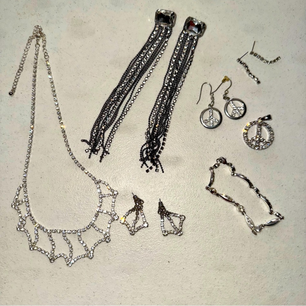 Statement & Rhinestone Jewelry Bundle Peace Signs… - image 1